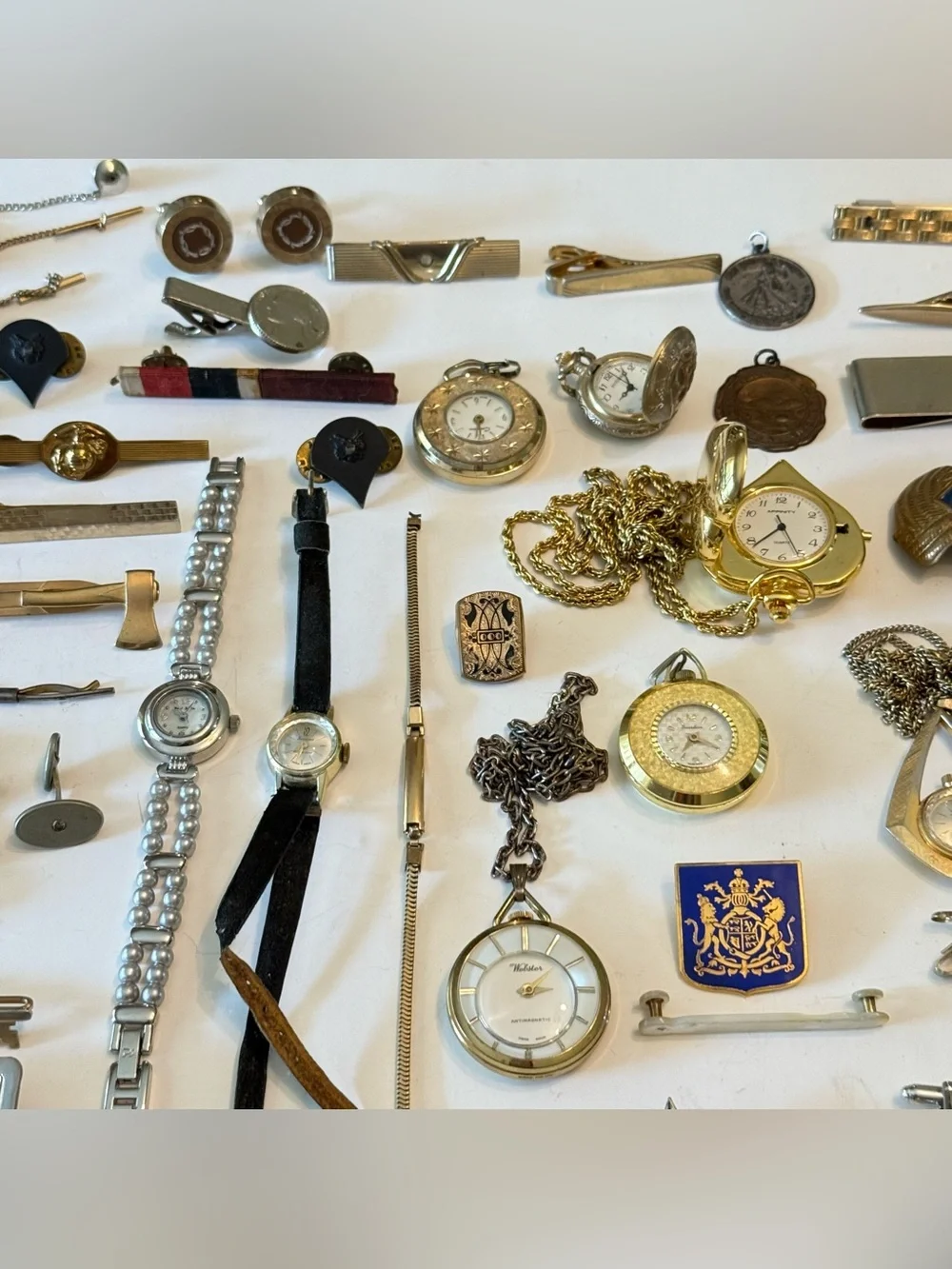 Huge Lot Of Men’s Tie Clips Cuff links Watches Junk Drawer Pins Medals